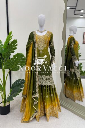 Shop Chinon Embroidered Suit Set with Pearl Work, Sharara & Dupatta