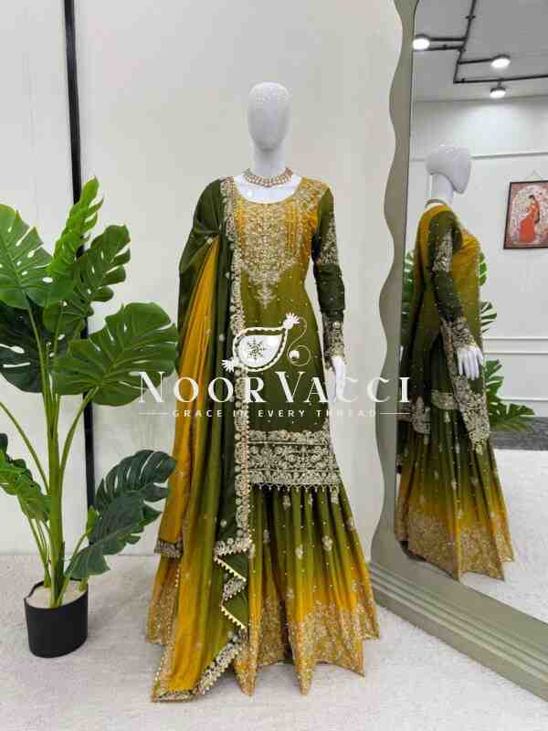 Chinon Embroidered Suit Set with Pearl Work, Sharara & Dupatta
