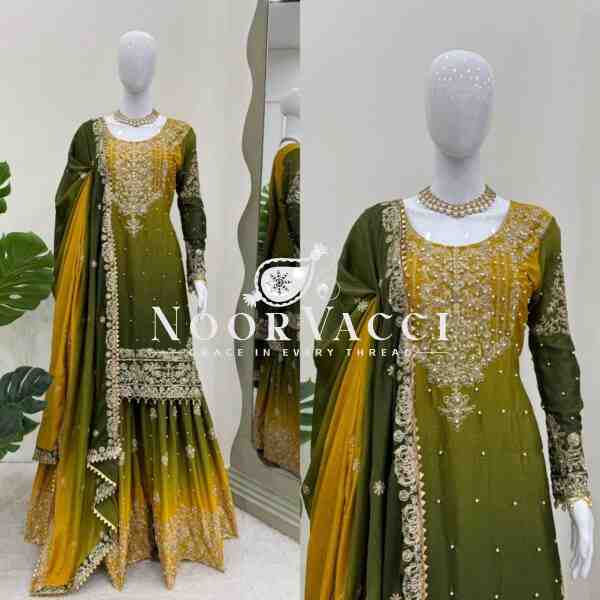 Chinon Embroidered Suit Set with Pearl Work, Sharara & Dupatta - Image 2