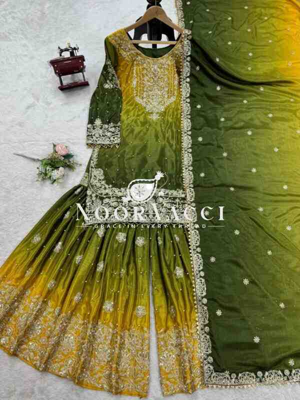 Chinon Embroidered Suit Set with Pearl Work, Sharara & Dupatta - Image 4