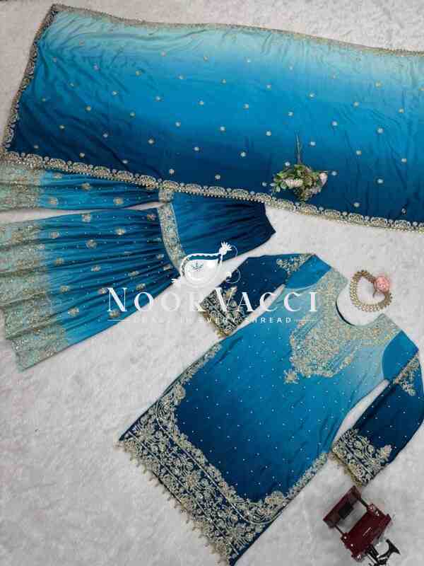 Chinon Embroidered Suit Set with Pearl Work, Sharara & Dupatta - Image 4