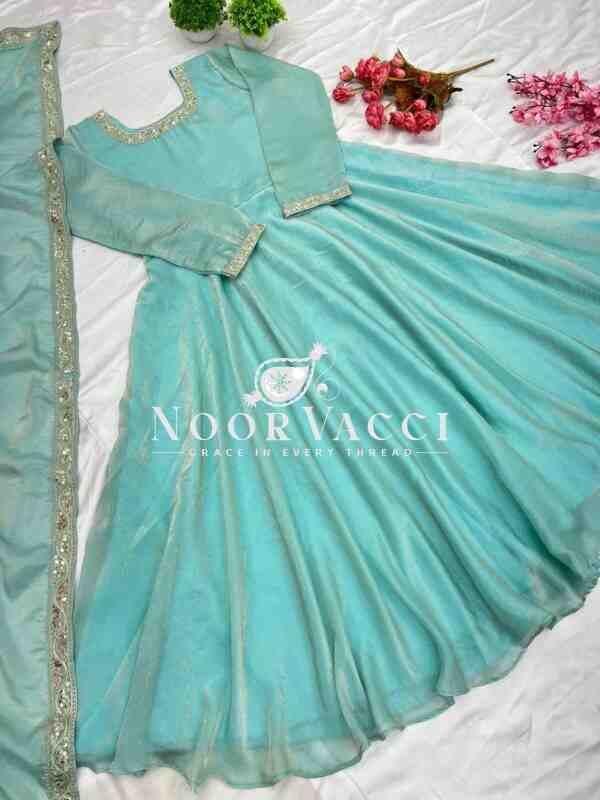 Heavy Fandy Silk Designer Party Wear Gown & Dupatta Set with Multithread Embroidery Sequence Work - Image 4