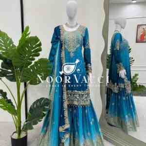 Chinon Embroidered Suit Set with Pearl Work, Sharara & Dupatta