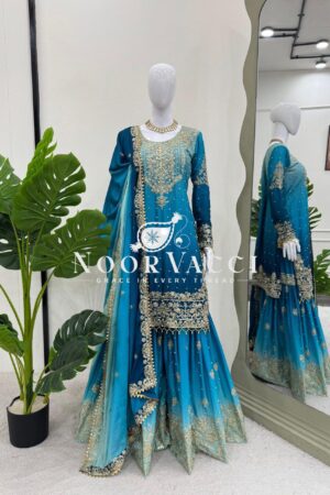 Shop Chinon Embroidered Suit Set with Pearl Work, Sharara & Dupatta