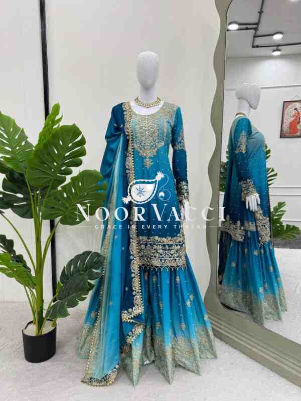 Chinon Embroidered Suit Set with Pearl Work, Sharara & Dupatta