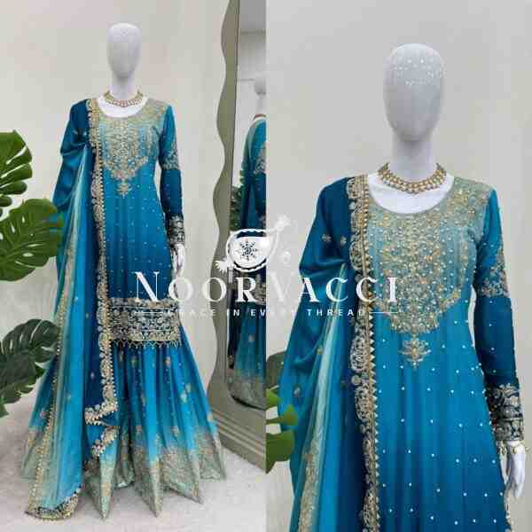 Chinon Embroidered Suit Set with Pearl Work, Sharara & Dupatta - Image 2