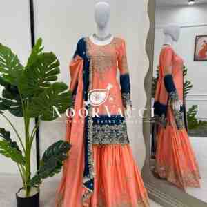 Chinon Embroidered Suit Set with Pearl Work, Sharara & Dupatta