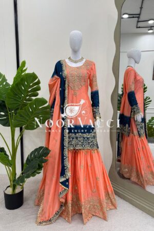 Buy Chinon Embroidered Suit Set with Pearl Work, Sharara & Dupatta
