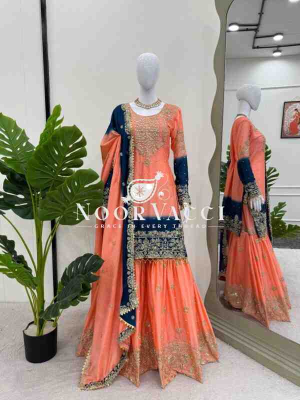 Chinon Embroidered Suit Set with Pearl Work, Sharara & Dupatta