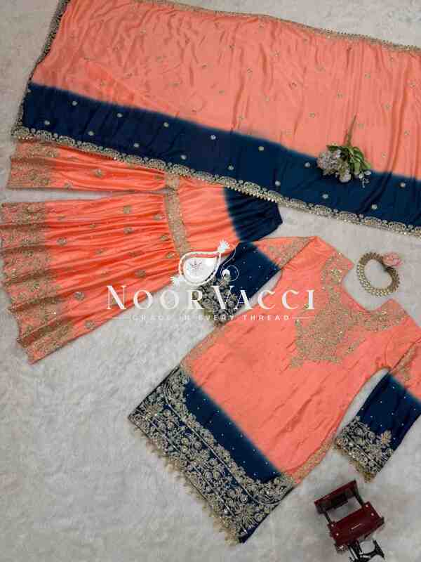 Chinon Embroidered Suit Set with Pearl Work, Sharara & Dupatta - Image 3