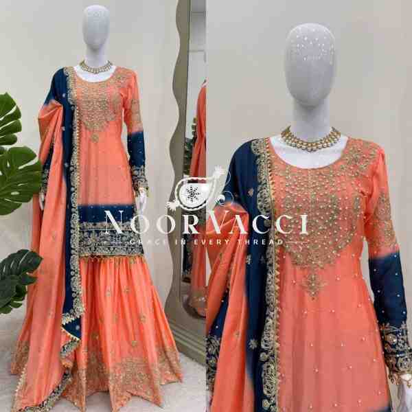 Chinon Embroidered Suit Set with Pearl Work, Sharara & Dupatta - Image 2