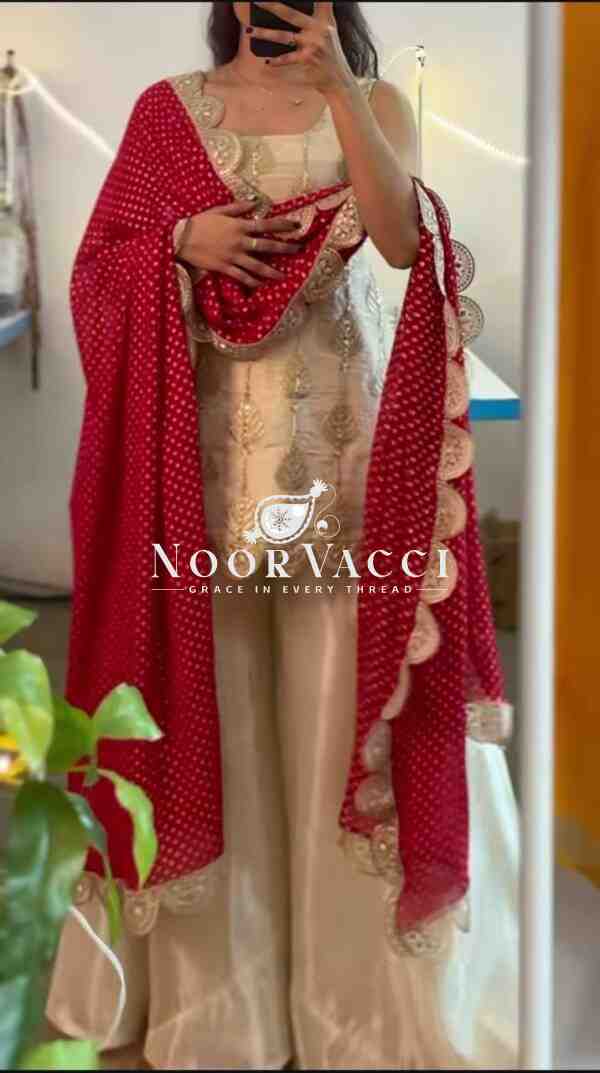 Natural Crepe Silk Embroidered Top Plazzo Set with Digital Print Dupatta
