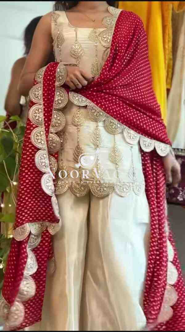 Natural Crepe Silk Embroidered Top Plazzo Set with Digital Print Dupatta - Image 3