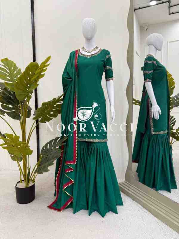 Natural Crepe Designer Suit Set with Sharara and Lace Dupatta - Image 3