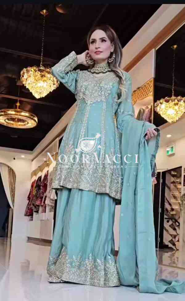 Heavy Chinon Embroidered Sharara Plazo Set with Dupatta - Image 2