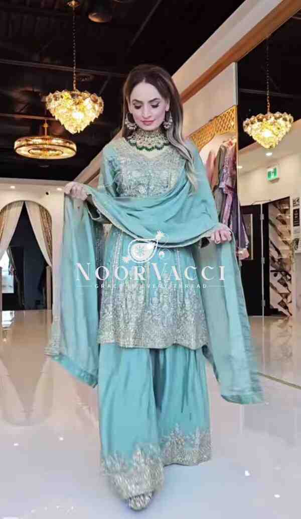 Heavy Chinon Embroidered Sharara Plazo Set with Dupatta - Image 3