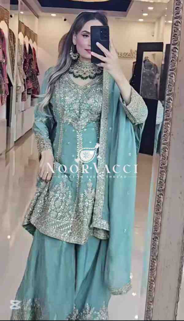 Heavy Chinon Embroidered Sharara Plazo Set with Dupatta - Image 4