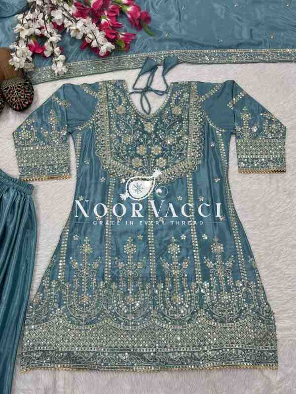 Heavy Chinon Embroidered Sharara Plazo Set with Dupatta - Image 5