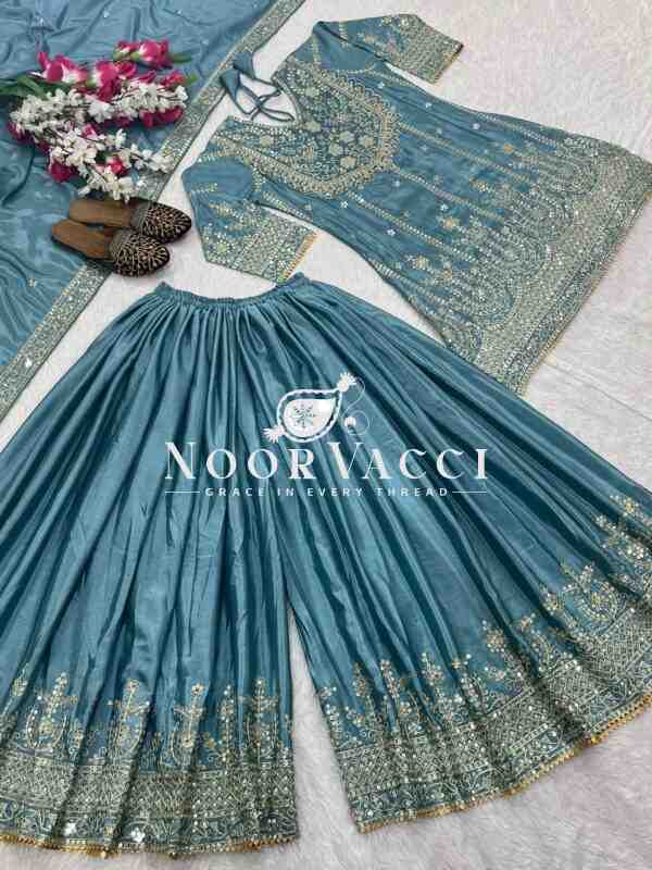 Heavy Chinon Embroidered Sharara Plazo Set with Dupatta - Image 7