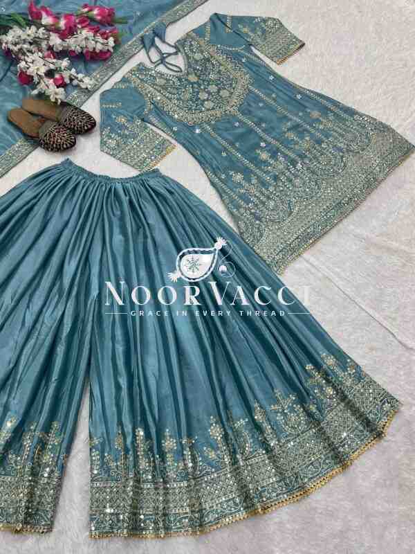 Heavy Chinon Embroidered Sharara Plazo Set with Dupatta - Image 8