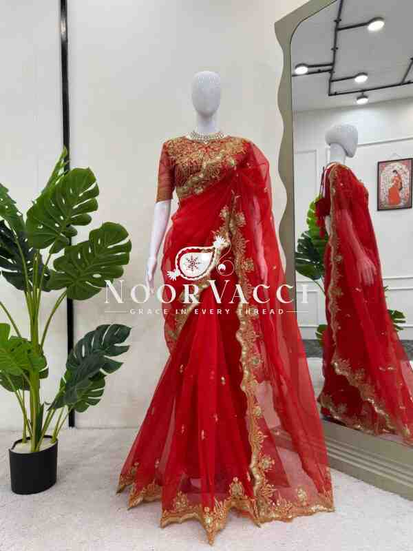 Organza Silk Designer Saree with Thread & Sequence Embroidery - Image 3