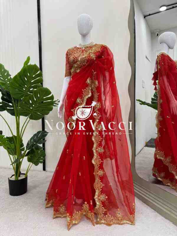 Organza Silk Designer Saree with Thread & Sequence Embroidery - Image 5