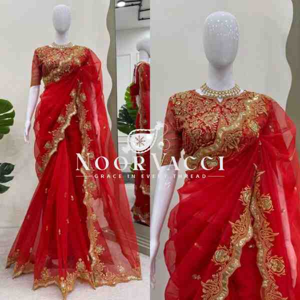 Organza Silk Designer Saree with Thread & Sequence Embroidery - Image 6
