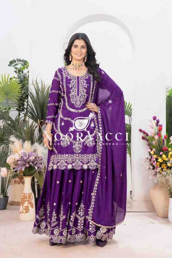 Chinon Silk Heavy Embroidered Top Plazzo Set with Dupatta