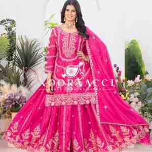 Chinon Silk Heavy Embroidered Top Plazzo Set with Dupatta