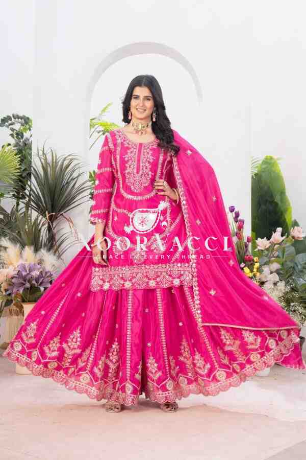 Chinon Silk Heavy Embroidered Top Plazzo Set with Dupatta