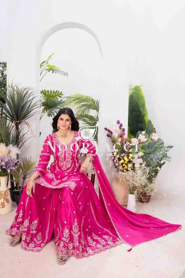 Chinon Silk Heavy Embroidered Top Plazzo Set with Dupatta - Image 4