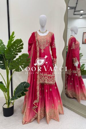 Shop Heavy Chinon Embroidered Suit with Sharara and Dupatta
