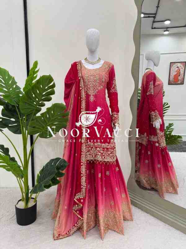 Heavy Chinon Embroidered Suit with Sharara and Dupatta