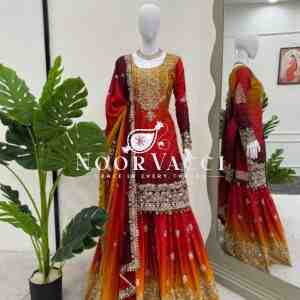 Heavy Chinon Embroidered Suit with Sharara and Dupatta