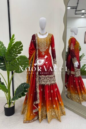 Shop Heavy Chinon Embroidered Suit with Sharara and Dupatta