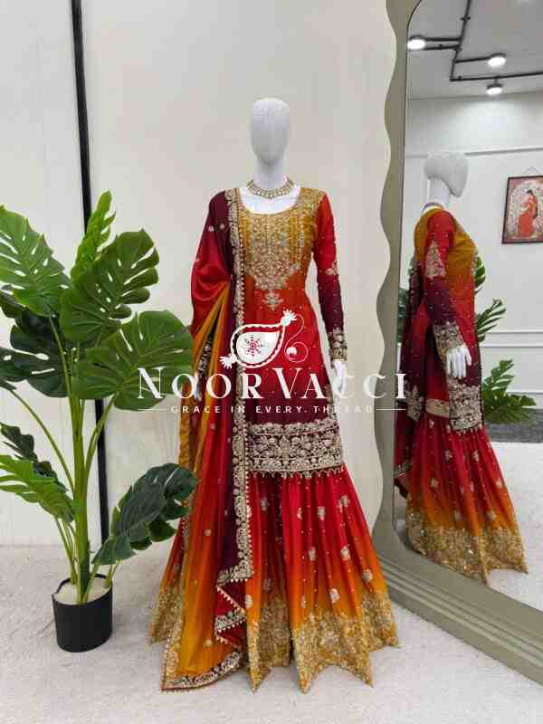 Heavy Chinon Embroidered Suit with Sharara and Dupatta