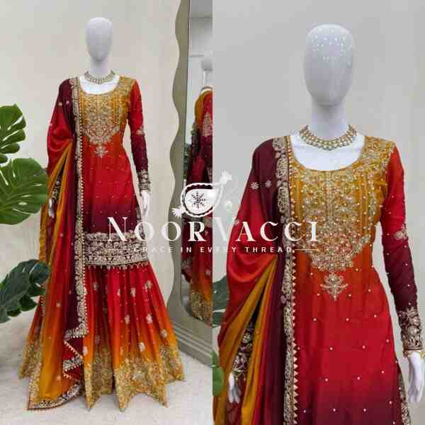 Heavy Chinon Embroidered Suit with Sharara and Dupatta - Image 2