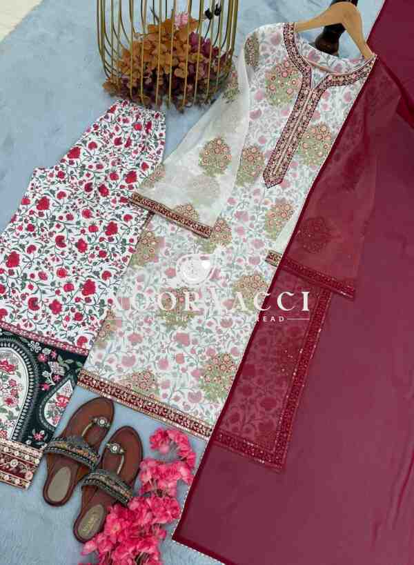 Faux Georgette Embroidered Top with Digital Print Plazzo & Dupatta Set - Image 5