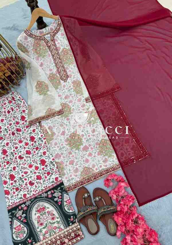 Faux Georgette Embroidered Top with Digital Print Plazzo & Dupatta Set - Image 6