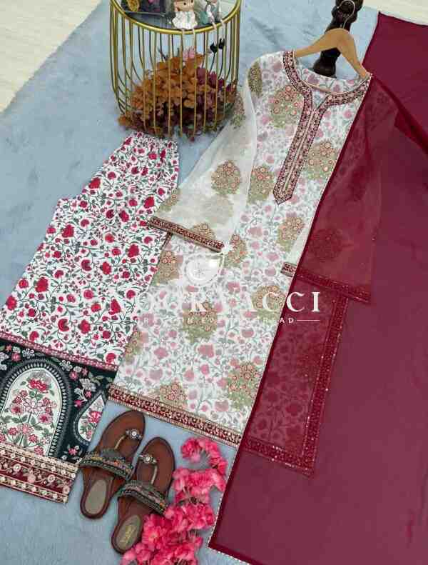 Faux Georgette Embroidered Top with Digital Print Plazzo & Dupatta Set - Image 7