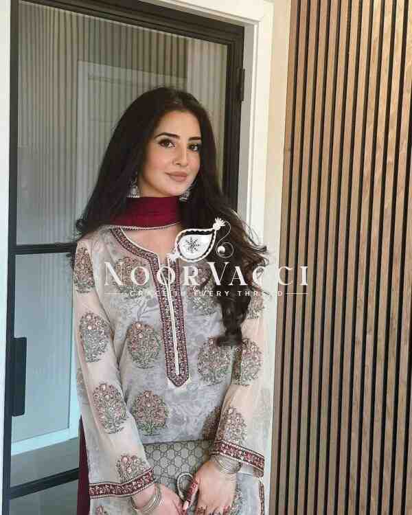 Faux Georgette Embroidered Top with Digital Print Plazzo & Dupatta Set - Image 2