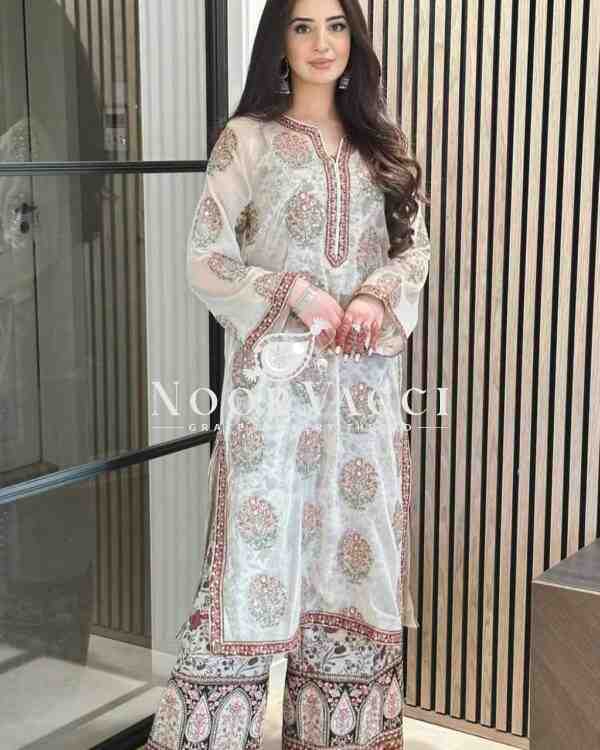 Faux Georgette Embroidered Top with Digital Print Plazzo & Dupatta Set - Image 3