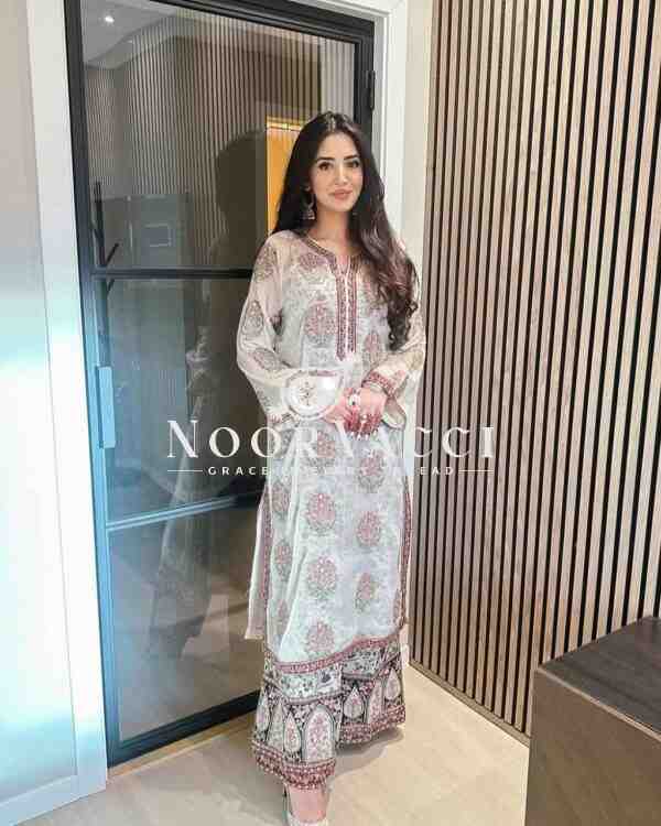 Faux Georgette Embroidered Top with Digital Print Plazzo & Dupatta Set
