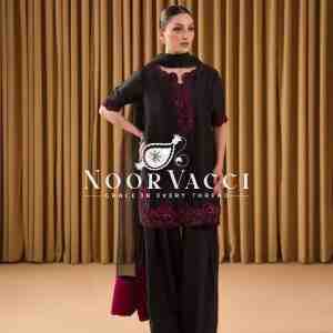 Natural Crepe Embroidered Top with Farshi Plazzo & Organza Dupatta