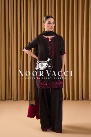Buy Natural Crepe Embroidered Top with Farshi Plazzo & Organza Dupatta