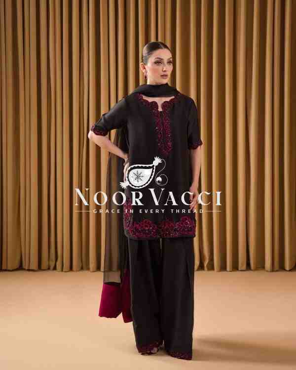 Natural Crepe Embroidered Top with Farshi Plazzo & Organza Dupatta