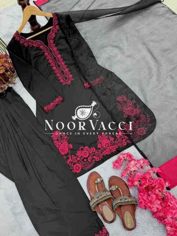 Natural Crepe Embroidered Top with Farshi Plazzo & Organza Dupatta - Image 5