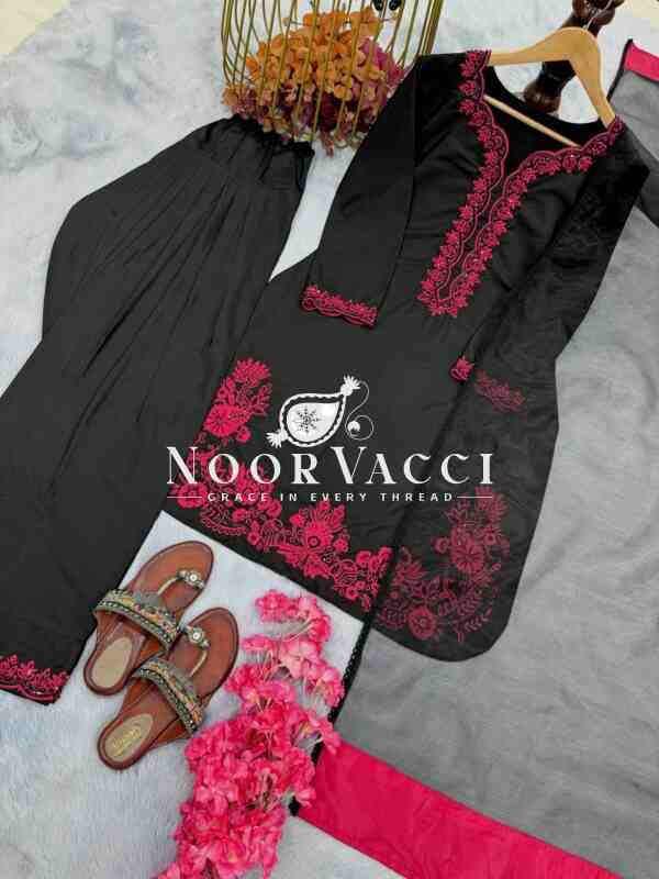 Natural Crepe Embroidered Top with Farshi Plazzo & Organza Dupatta - Image 6
