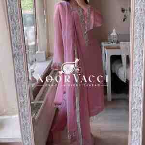 Faux Georgette Handworked Top and Pant Set with Dupatta