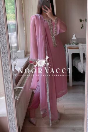 Shop Faux Georgette Handworked Top and Pant Set with Dupatta